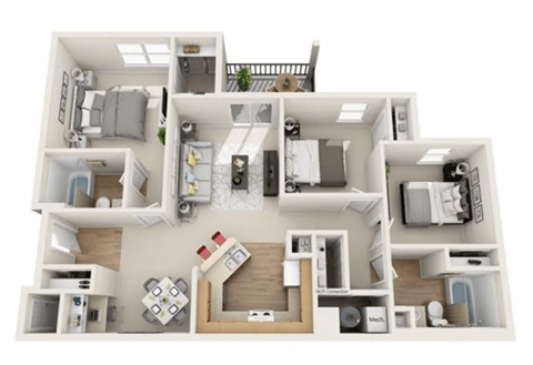 Floor plan for 3 beds, 2 baths, 1011 sqft